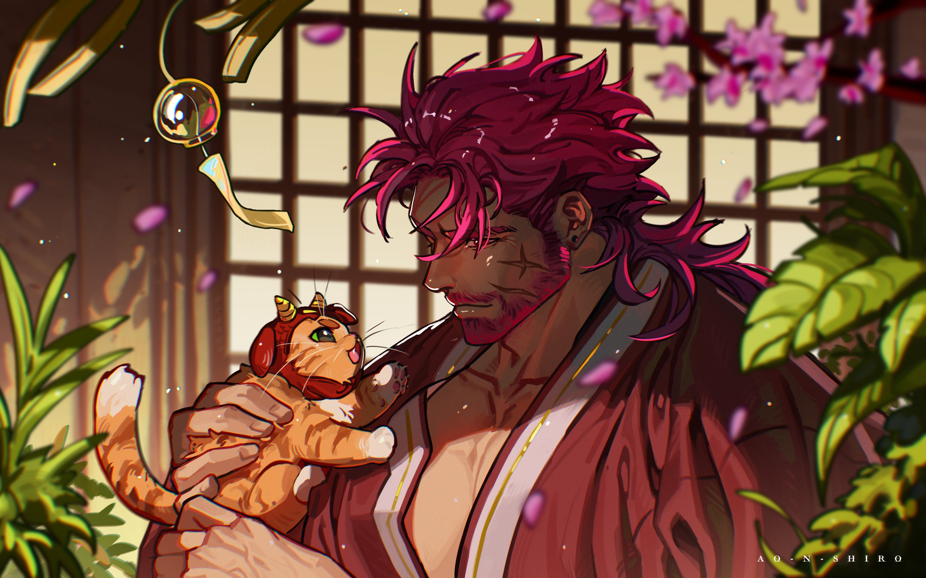 1boy affectionate ao_n_shiro bara beard cat connected_beard facial_hair facial_scar falling_petals full_beard highres large_pectorals male_focus mature_male medium_hair mullet muscular muscular_male original pectoral_cleavage pectorals petals red_facial_hair red_hair scar scar_on_cheek scar_on_face solo thick_beard upper_body