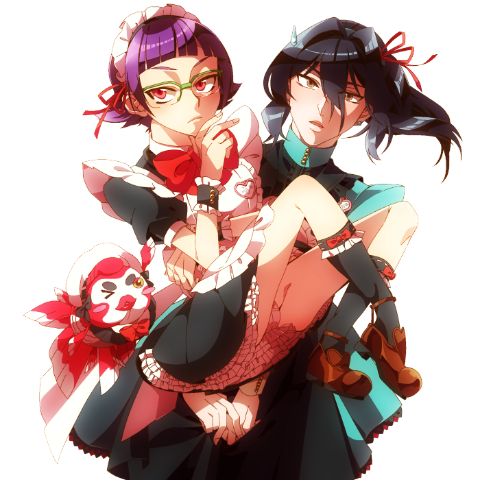 10s 2boys alternate_costume apron binan_koukou_chikyuu_bouei-bu_love! black_hair bow brown_eyes carrying crossdressing dress enmaided fish glasses green-framed_eyewear hikaru_pict hireashi kinosaki_kou maid maid_apron maid_headdress male_focus multiple_boys purple_hair red_eyes tazawa_masuya