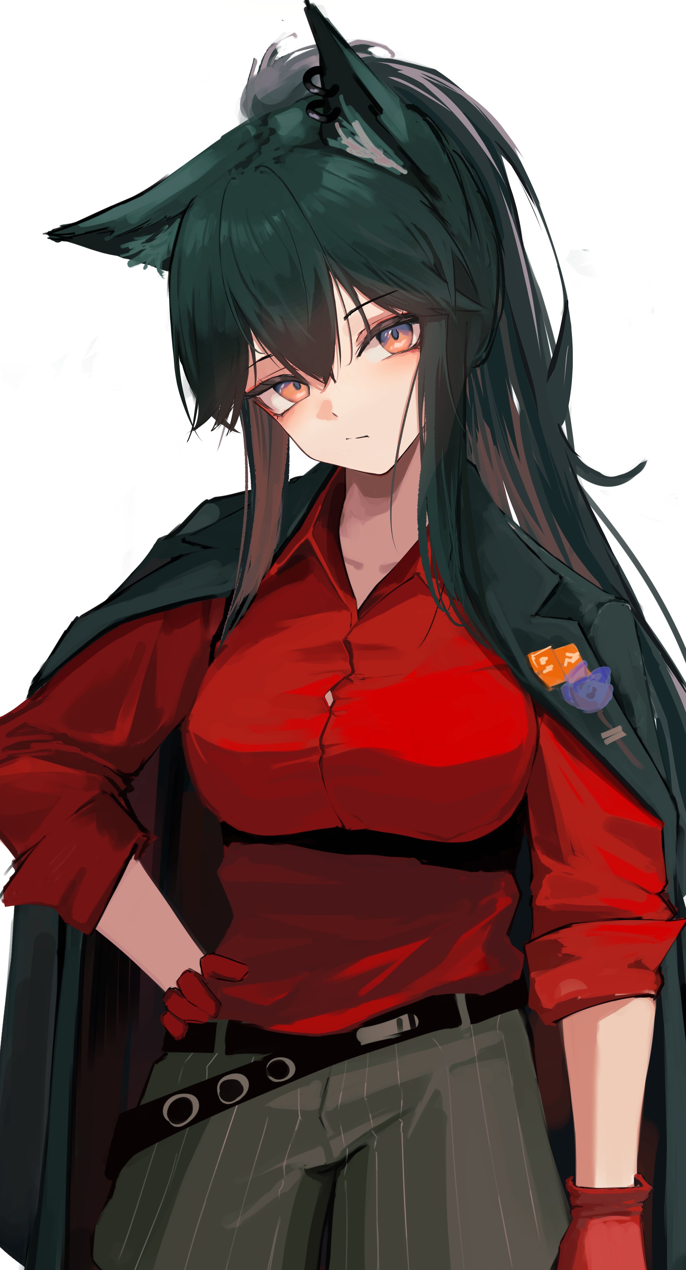 1girl absurdres animal_ears arknights black_coat black_hair black_shorts breasts closed_mouth coat coat_on_shoulders commentary_request gloves hand_on_own_hip highres looking_at_viewer nekomatamago official_alternate_costume official_alternate_hairstyle ponytail red_eyes red_gloves red_shirt shirt shorts simple_background sleeves_rolled_up solo texas_(arknights) texas_(willpower)_(arknights) upper_body white_background wolf_ears wolf_girl