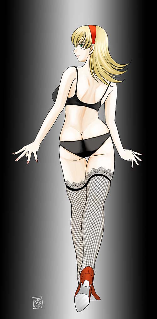 009_re:cyborg 10s 1girl ass black_bra black_panties blonde_hair blue_eyes bra butt_crack chiba_shuusaku cyborg_009 female_focus fishnet_thighhighs fishnets francoise_arnoul gradient_background hairband high_heels looking_back panties red_footwear simple_background solo standing thigh_gap thighhighs underwear