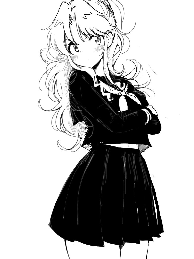 1girl blush botan_(yu_yu_hakusho) closed_mouth greyscale kajino_(aosansai) long_hair long_sleeves looking_at_viewer monochrome navel pleated_skirt ponytail school_uniform simple_background skirt solo white_background yuu_yuu_hakusho