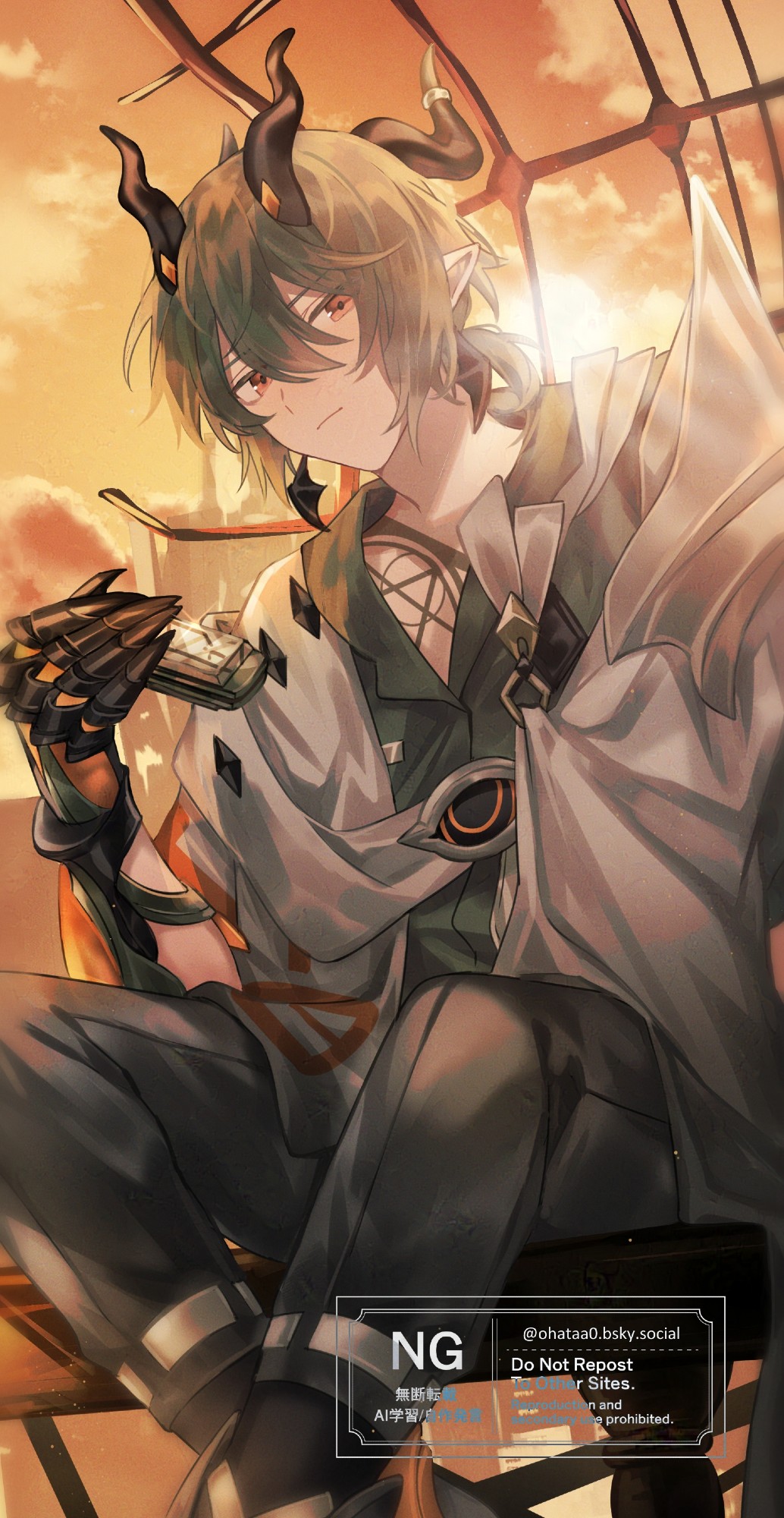 1boy black_gauntlets black_horns black_pants commentary english_commentary green_hair green_shirt grey_jacket harmonica hata_(ohataa0) highres holding holding_instrument honkai_(series) honkai_impact_3rd horns instrument jacket kosma male_focus orange_eyes orange_sky pants pointy_ears shirt short_hair sky sun