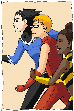 1girl 2boys aqua_lad armor asukawa bee_costume black_eyes black_hair bodysuit bumble_bee cartoon_network dark_skin dc_comics domino_mask double_bun fingerless_gloves garth gloves hair_bun karen_beecher lowres mask multiple_boys orange_hair roy_harper running scale_armor shirt solid_eyes speedy striped_clothes striped_shirt teen_titans vambraces