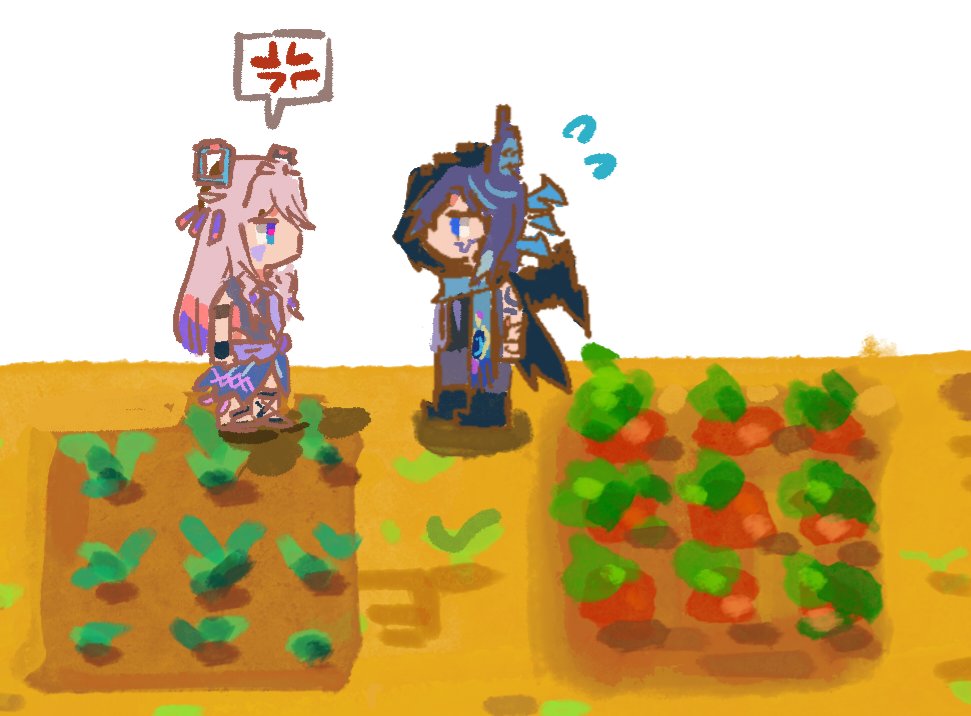 1boy 1girl anger_vein animal_ear_fluff animal_ears arm_at_side arm_markings armlet bat_ears black_footwear black_gloves black_hood black_leotard black_shirt blue_eyes blue_hair blue_scarf boots braid carrot citlali_(genshin_impact) dada_dain facial_mark feather_hair_ornament feathers field fingerless_gloves floating_headgear flying_sweatdrops food genshin_impact gladiator_sandals gloves grandmother_and_grandson grey_pants hair_ornament hair_over_one_eye hair_rings half-skirt jewelry leaf leotard light_blue_hair long_hair long_skirt multicolored_hair no_mouth ororon_(genshin_impact) pants parody pink_hair pink_pupils purple_sash purple_skirt sandals sash scarf shirt side_slit skirt sleeveless leotard sleeveless_shirt spoken_anger_vein sprite standing stardew_valley streaked_hair twin_braids vegetable