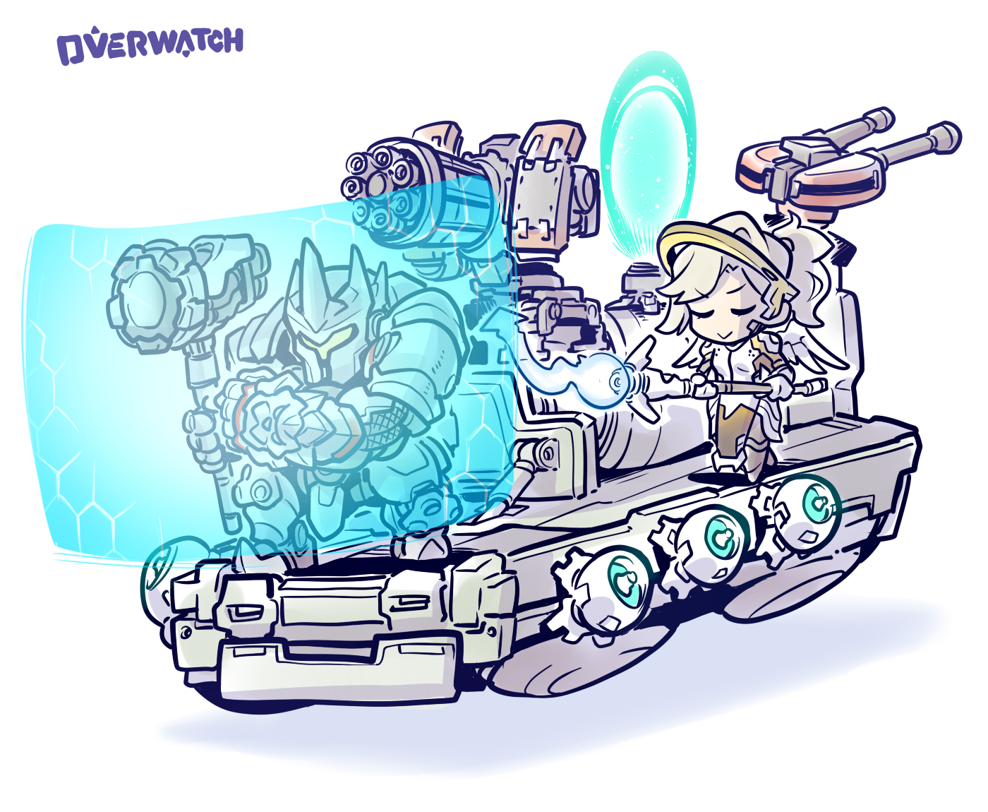 >:> 1boy 1girl armor bastion_(overwatch) blonde_hair chibi closed_eyes copyright_name energy_barrier energy_shield full_armor gatling_gun helm helmet kato_takuji mercy_(overwatch) overwatch overwatch_1 ponytail portal_(object) reinhardt_(overwatch) simple_background staff standing turret war_hammer warhammer weapon white_background