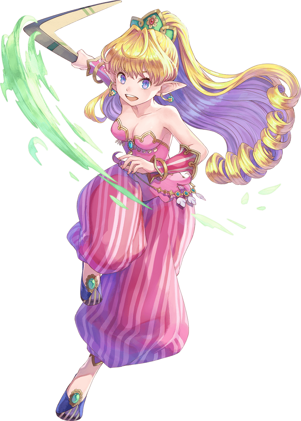 1girl bare_shoulders blonde_hair blue_eyes boomerang breasts cleavage earrings flipped_hair full_body haccan high_ponytail highres holding holding_weapon jewelry long_hair looking_at_viewer medium_breasts non-web_source official_art open_mouth pointy_ears pointy_footwear ponytail primm_(seiken_densetsu_2) puffy_pants seiken_densetsu seiken_densetsu_2 solo square_enix teeth transparent_background upper_teeth_only weapon