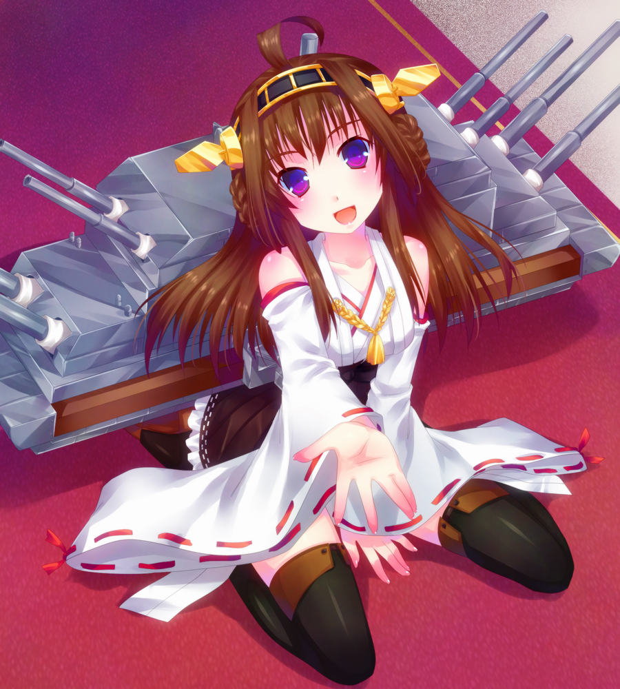 10s 1girl ahoge bad_id bad_pixiv_id brown_hair detached_sleeves door_to_heaven female_focus hairband japanese_clothes kantai_collection kongou_(kancolle) long_hair looking_at_viewer machinery nontraditional_miko open_mouth purple_eyes ship_turret sitting solo thighhighs wariza wide_sleeves