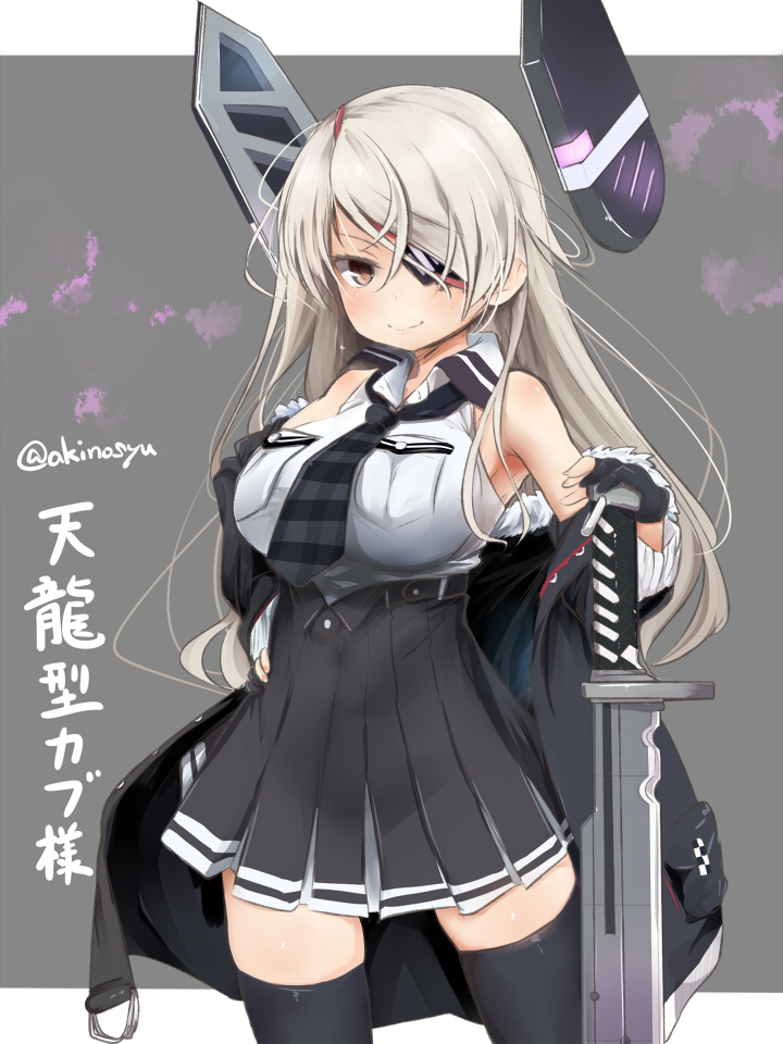1girl akino_shuu black_gloves black_jacket black_skirt black_thighhighs breast_pocket breasts brown_eyes checkered_clothes checkered_necktie conte_di_cavour_(kancolle) cosplay cowboy_shot eyepatch floating_headgear gloves headgear high-waist_skirt jacket kantai_collection large_breasts long_hair looking_at_viewer necktie partially_fingerless_gloves pocket shirt skirt sleeveless sleeveless_shirt solo standing tenryuu_(kancolle) tenryuu_kai_ni_(kancolle) tenryuu_kai_ni_(kancolle)_(cosplay) thighhighs very_long_hair white_hair white_shirt