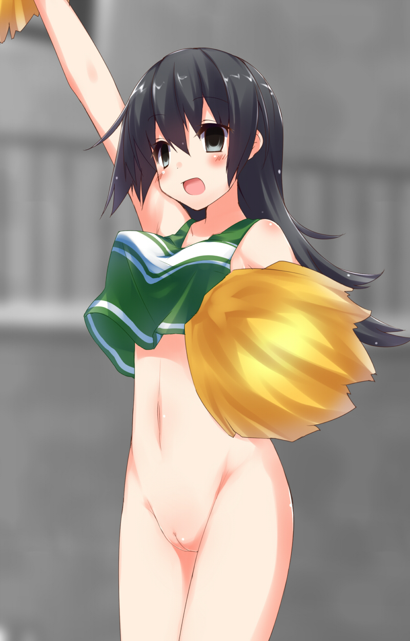 1girl black_eyes black_hair blush bottomless bouncing_breasts breasts cheerleader chikyuujin_a cleft_of_venus empty_eyes female_focus gradient_background highres long_hair no_bra open_mouth original pom_pom_(cheerleading) pussy solo uncensored