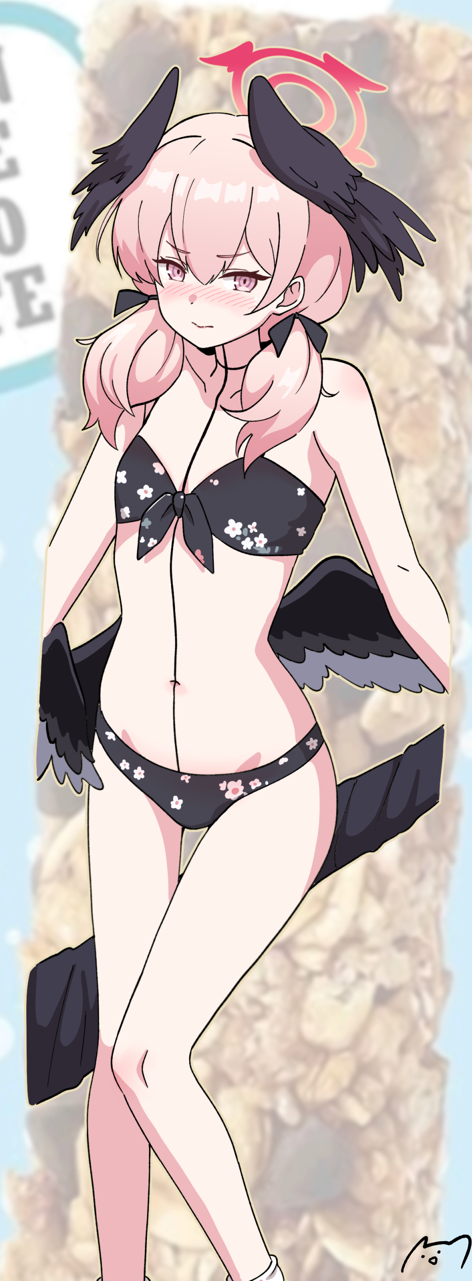 1girl 3: absurdres black_choker black_wings blue_archive blush bolt_action choker collarbone commentary_request feathered_wings gun hair_between_eyes halo hat head_wings highres koharu_(blue_archive) koharu_(swimsuit)_(blue_archive) long_hair looking_at_viewer majinmallow navel official_alternate_costume p14_enfield photo_background pink_eyes rifle sidelocks solo stomach twintails weapon wings