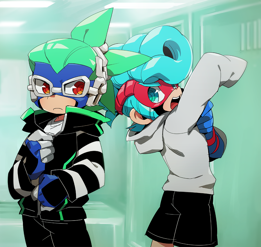 2boys aqua_background arms_(game) blue_eyes blue_hair cowboy_shot dressing gloves green_hair hood hoodie locker locker_room looking_at_another male_focus mask multiple_boys nekobayashi_(nekoforest) ninjara_(arms) orange_eyes pompadour shorts simple_background @_@ spring_man_(arms)