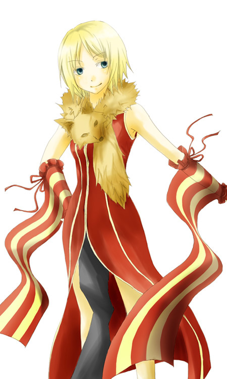 1girl animal animal_around_neck blonde_hair breasts closed_mouth commentary_request cowboy_shot detached_sleeves dress fox green_eyes looking_at_viewer pelvic_curtain professor_(ragnarok_online) ragnarok_online red_dress red_sleeves short_hair simple_background sleeveless sleeveless_dress small_breasts smile solo striped_sleeves white_background yellow_sleeves yuro_(shur0)