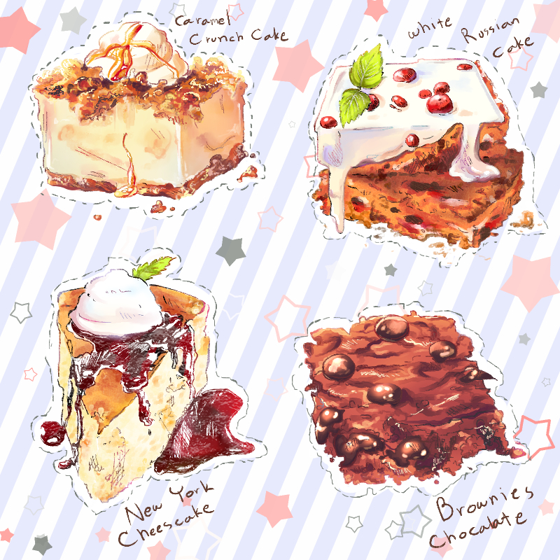 brownie_(food) cake cake_slice caramel cheesecake chocolate chocolate_chip commentary creammint dessert english_commentary food food_focus icing no_humans original star_(symbol) syrup
