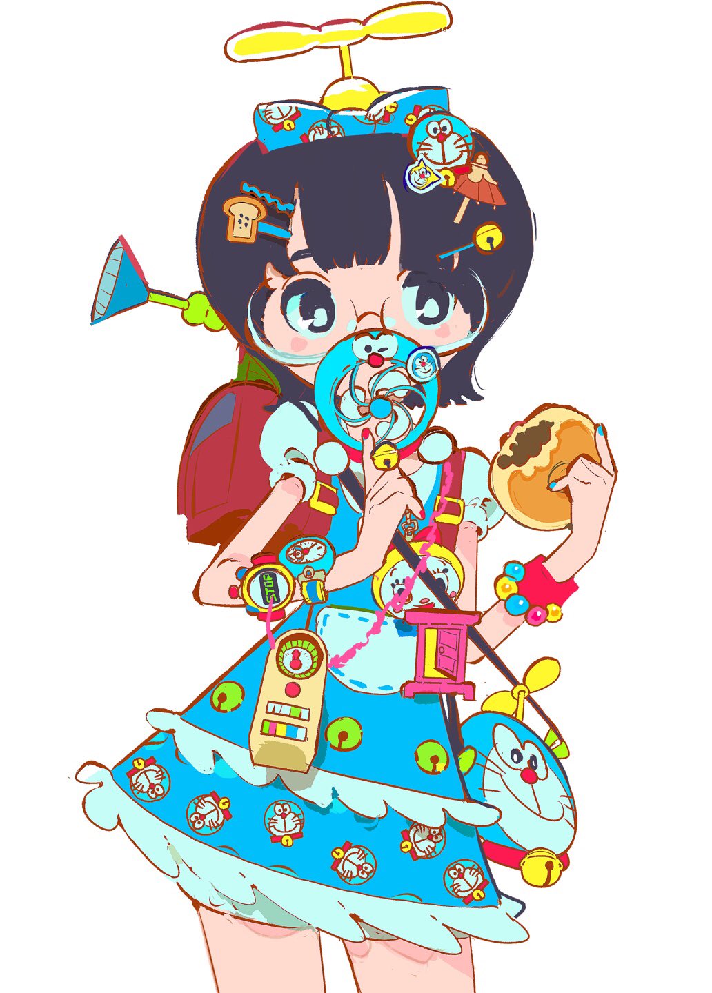 1girl anpan backpack bag bead_bracelet beads bell black_eyes black_hair blue_bow blue_dress blue_nails blue_shirt blue_shorts blunt_bangs bow bracelet bread_hair_ornament cloud cowboy_shot doraemon doraemon_(character) dress eating electric_fan food food-themed_hair_ornament frilled_dress frills glasses hair_bow hair_ornament hairclip handbag highres holding jewelry jingle_bell looking_at_viewer nail_polish original pinafore_dress print_bow print_dress propeller puffy_short_sleeves puffy_sleeves randoseru red_nails shirt short_hair short_sleeves shorts shorts_under_dress simple_background sleeveless sleeveless_dress solo vivinos watch white_background wristwatch