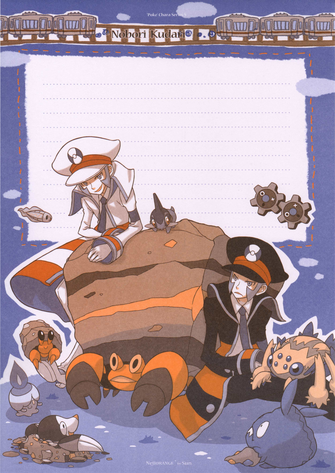 2boys axew black_coat black_hat black_pants brothers coat collared_shirt crustle dotted_line drilbur dwebble emmet_(pokemon) galvantula gen_5_pokemon gloves grey_eyes grin hat high_collar highres ingo_(pokemon) klinklang long_sideburns long_sleeves male_focus multiple_boys necktie neji-orange nintendo pants peaked_cap pokemon pokemon_(creature) pokemon_bw shirt short_hair siblings sideburns smile stationery striped_coat subway trench_coat trubbish twins tympole white_coat white_footwear white_gloves white_shirt