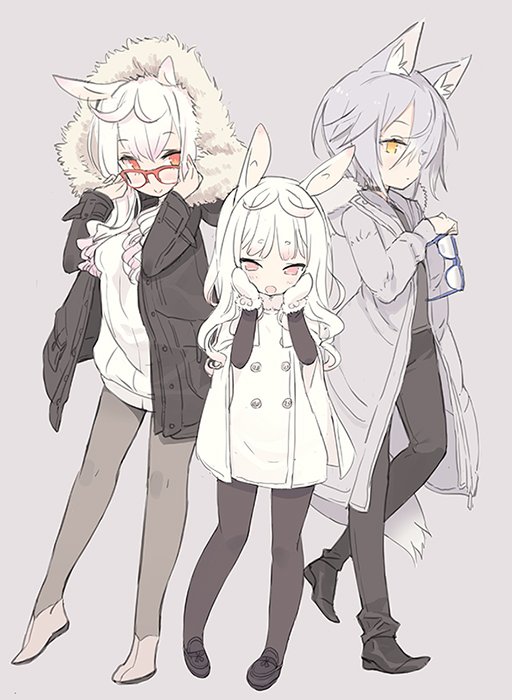 3girls :o alternate_hair_length alternate_hairstyle animal_ears black_footwear black_jacket black_pants black_shirt blade_(galaxist) blue-framed_eyewear blush brown_eyes brown_footwear casual child closed_mouth coat commentary_request unworn_eyewear fashion full_body fur-trimmed_hood fur_trim fur_trimm glasses grey_background grey_coat greyscale hair_between_eyes hair_over_one_eye hands_on_own_cheeks hands_on_own_face holding holding_removed_eyewear hood hood_up hooded_jacket jacket kirara_ookami long_hair long_sleeves looking_at_viewer mittens monochrome multiple_girls muted_color open_clothes open_coat open_mouth orange_eyes over-rim_eyewear pants pantyhose pop-up_story profile rabbit_ears rabbit_girl red-framed_eyewear rita_drake ruri_ookami semi-rimless_eyewear shirt shoes siblings simple_background sisters smile standing standing_on_one_leg sweater tail white_coat white_hair white_mittens white_sweater wolf_ears wolf_girl wolf_tail yellow_eyes
