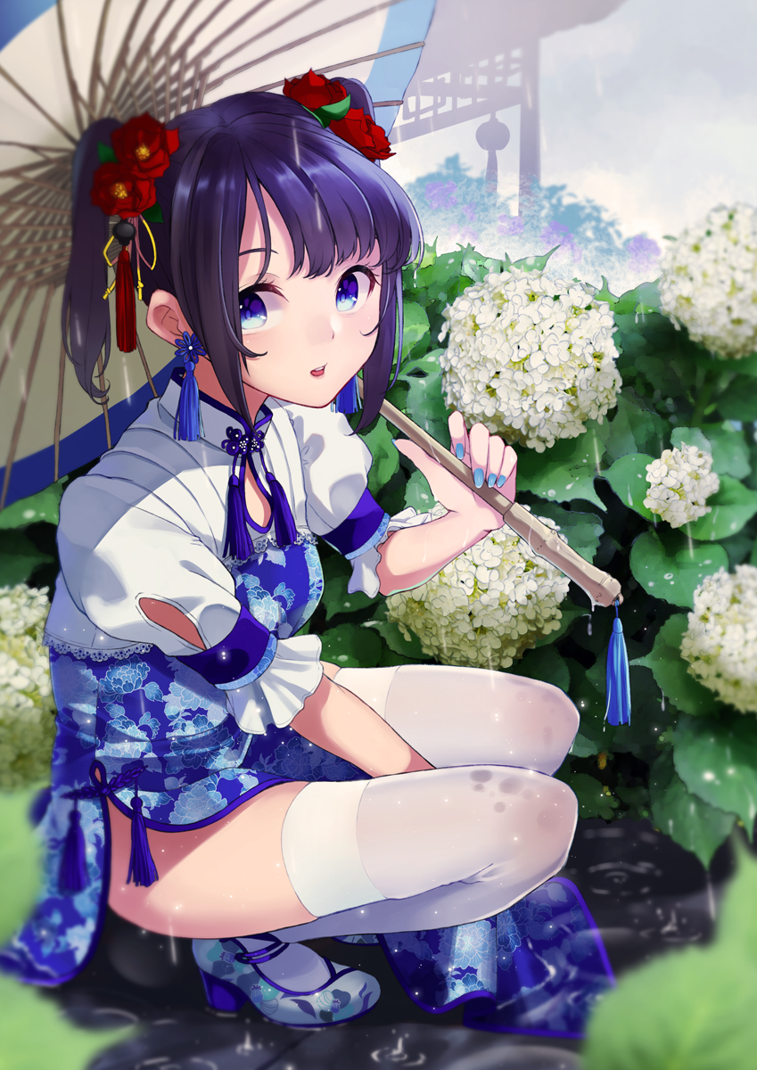 1girl between_legs blue_dress blue_shoes blush bush china_dress chinese_clothes day dress earrings female_focus floral_print flower flower_earrings frilled_sleeves frills from_side full_body hair_flower hair_ornament hand_between_legs highres holding holding_umbrella hydrangea jewelry lantern leaf looking_at_viewer looking_to_the_side nail_polish oil-paper_umbrella original paper_lantern parted_lips pelvic_curtain puddle puffy_short_sleeves puffy_sleeves rain red_ribbon retsuna ribbon shoes short_sleeves short_twintails sidelocks smile solo tareme tassel tassel_earrings thighhighs twintails umbrella water wet wet_clothes white_flower white_thighhighs