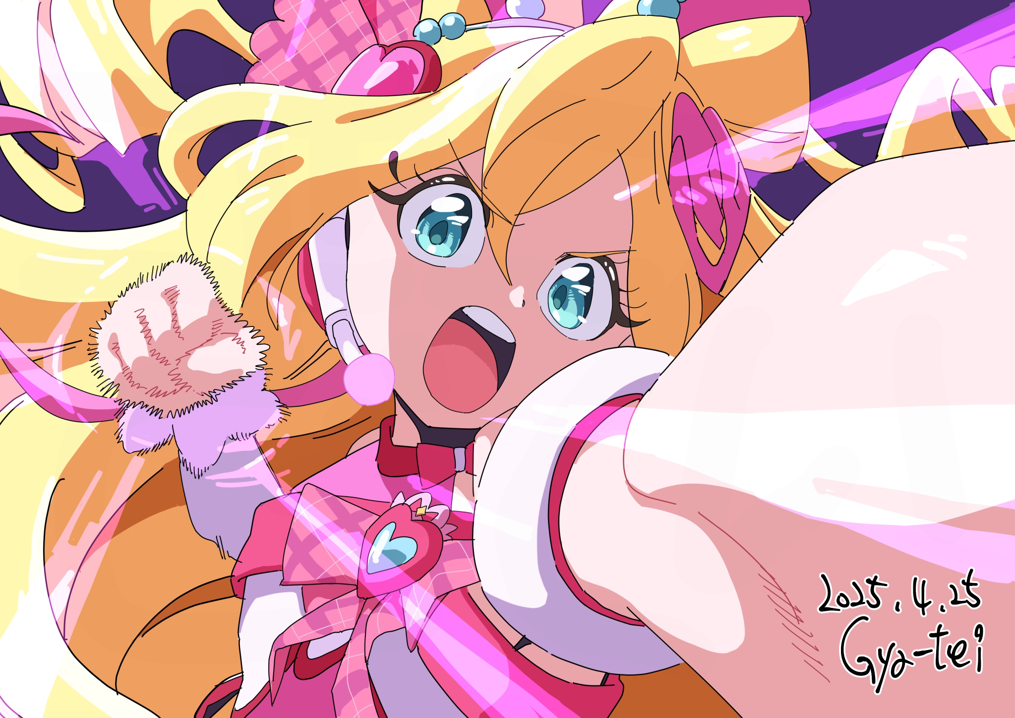1girl aqua_eyes arm_warmers artist_name blonde_hair bow bow-shaped_hair brooch crop_top cure_idol dated detached_sleeves gya-tei hair_between_eyes hair_bow headset heart heart_brooch highres idol_fist_bump incoming_attack incoming_punch jewelry kimi_to_idol_precure long_hair looking_at_viewer magical_girl multicolored_hair open_mouth pink_bow pink_hair precure puffy_short_sleeves puffy_sleeves punching sakura_uta_(precure) short_sleeves simple_background single_arm_warmer solo teeth two-tone_hair upper_body upper_teeth_only v-shaped_eyebrows
