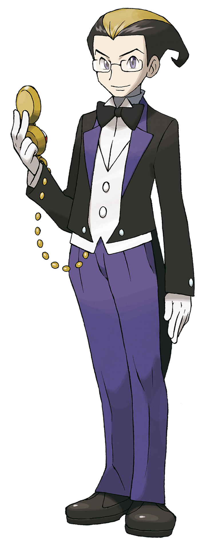 1boy black_bow black_bowtie black_hair blonde_hair bow bowtie buttons chain closed_mouth darach_(pokemon) full_body glasses gloves grey_eyes hand_up highres holding long_sleeves looking_at_viewer male_focus multicolored_hair nintendo official_art pants pocket_watch pokemon pokemon_dppt pokemon_platinum purple_pants semi-rimless_eyewear shoes smile solo standing sugimori_ken tailcoat transparent_background two-tone_hair watch white_gloves