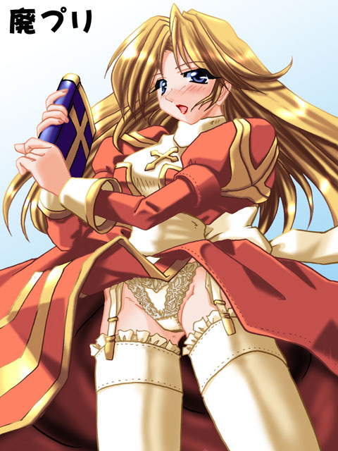 1girl 2000s_(style) back_bow blonde_hair blue_eyes blush book bow breasts commentary_request cowboy_shot cross dress frilled_thighhighs frills garter_straps grey_background high_priest_(ragnarok_online) holding holding_book juliet_sleeves long_hair long_sleeves looking_at_viewer medium_breasts open_mouth panties puffy_sleeves ragnarok_online red_dress sash solo tatsumi_ray thighhighs two-tone_dress underwear white_bow white_dress white_panties white_sash white_thighhighs