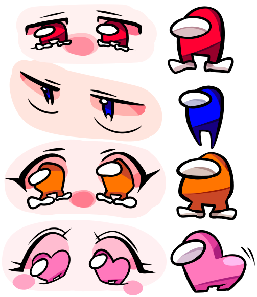 aiueo_echa among_us among_us_eyes_(meme) blue_(among_us) blue_eyes commentary english_commentary eyelashes heart heart-shaped_pupils looking_at_viewer meme orange_(among_us) orange_eyes pink_(among_us) pink_eyes red_(among_us) red_eyes simple_background symbol-shaped_pupils white_background