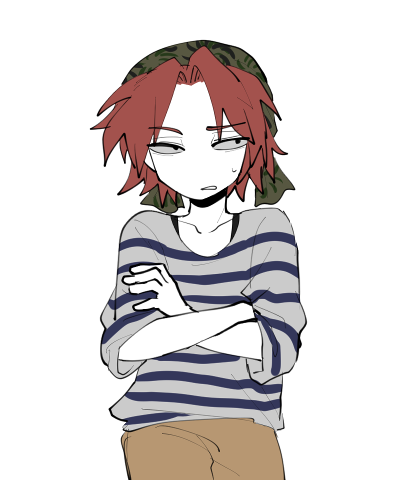 1girl annie_(saibou_shinkyoku) black_eyes brown_pants colored_skin commentary_request cowboy_shot crossed_arms flat_chest grey_shirt korean_commentary no_nose nu_(qjqmfqjqmf02) pants parted_bangs red_hair saibou_shinkyoku sanpaku shirt short_hair simple_background three-quarter_sleeves solo striped_clothes striped_shirt sweat white_background white_skin