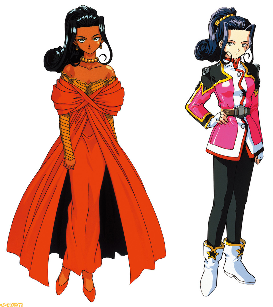 2girls ankle_boots arm_at_side artist_request bare_shoulders black_hair black_pants boots buttons closed_mouth clothing_cutout collar collarbone curtained_hair dark-skinned_female dark_skin detached_sleeves dress dual_persona earrings famitsu gloves green_eyes hair_intakes half_updo high_heels high_ponytail jacket jewelry long_hair long_sleeves looking_at_viewer military_uniform multiple_girls necklace no_socks official_art pants pearl_necklace pink_jacket pink_sleeves ponytail red_dress red_footwear retro_artstyle sakura_taisen sakura_taisen_ii second-party_source sega simple_background smile soletta_orihime standing star_(symbol) star_cutout star_print striped_clothes striped_sleeves tachi-e vertical-striped_clothes watermark white_background white_collar white_footwear white_gloves yellow_sleeves yellow_trim