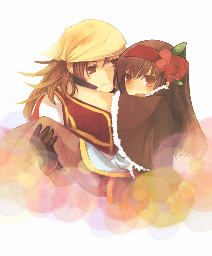 1boy 1girl black_gloves blush brown_bandana brown_cape brown_eyes brown_hair brown_pantyhose cape carrying coat commentary_request flower fur-trimmed_cape fur_trim gloves grin hair_flower hair_ornament hairband high_priest_(ragnarok_online) high_wizard_(ragnarok_online) long_hair long_sleeves multicolored_coat open_mouth pantyhose ponshiru princess_carry ragnarok_online red_coat red_flower red_hairband smile two-tone_coat upper_body white_background white_coat
