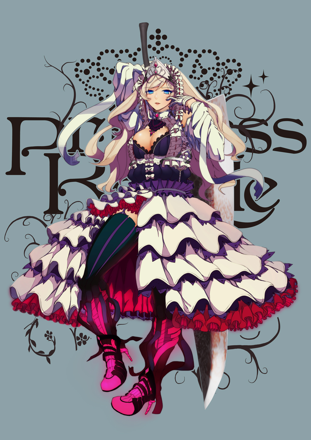 1girl black_thighhighs blonde_hair blue_eyes breasts cinderella_(fairy_tale) cinderella_(fairy_tale_character) cleavage commentary_request copyright_name crown dress female_focus garter_straps high_heels highres long_hair original parted_lips princess_royale razu_(rus) solo sword thighhighs weapon