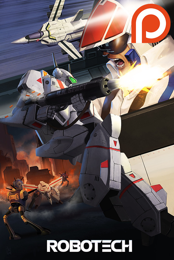 1boy alien battle battroid building choujikuu_yousai_macross commentary english_commentary fire firing gerwalk helmet ichijou_hikaru jyk_allday macross mecha motion_lines official_art pilot pilot_suit promotional_art regult ichijou_hikaru robot robotech roundel ruins science_fiction shouting surrounded title u.n._spacy variable_fighter veritech vf-1 vf-1j vf-1s walker_(robot) zentradi