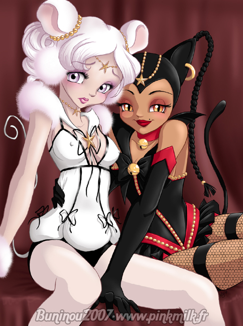 1990s_(style) 2girls animal_ears bell bishoujo_senshi_sailor_moon bishoujo_senshi_sailor_moon_sailor_stars black_hair blush breasts cat_ears cat_tail cleavage dark-skinned_female dark_skin earmuffs gloves grey_eyes hand_on_own_hip hug makeup mouse_ears mouse_tail multiple_girls net_stockings retro_artstyle sailor_iron_mouse sailor_tin_nyanko tail thighhighs twintails white_hair yellow_eyes yuri