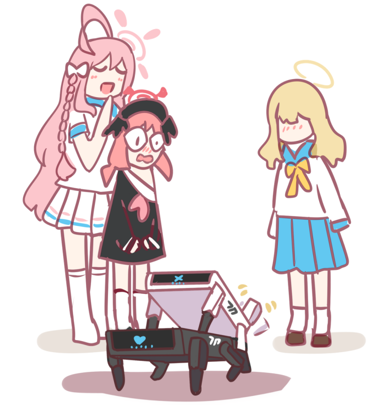 &lt;|&gt;_&lt;|&gt; 3girls ahoge black_wings blonde_hair blue_archive closed_eyes halo hanako_(blue_archive) head_wings humping ideolo koharu_(blue_archive) long_hair long_sleeves multiple_girls non-humanoid_robot pink_hair robot robot_animal robot_dog robot_sex school_uniform serafuku skirt slit_pupils trinity_student_(blue_archive) wings