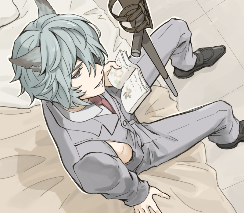 1boy animal_ears bed blue_eyes blue_hair book erune formal_clothes gloves granblue_fantasy hair_between_eyes jacket looking_at_viewer male_focus mint_(kiri0120) necktie nehan_(granblue_fantasy) on_bed open_mouth shirt sitting smile solo