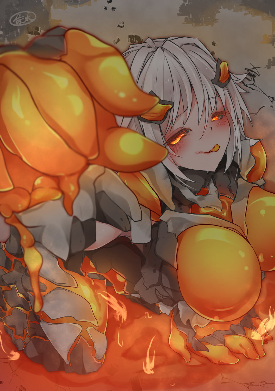 1girl armor blush body_armor breasts colored_skin dark-skinned_female dark_skin earth_elemental elemental_(creature) female_focus fire_elemental foreshortening glowing glowing_eyes grey_hair grey_skin highres large_breasts lava lava_golem_(monster_girl_encyclopedia) licking_lips monster_girl monster_girl_encyclopedia monster_girl_encyclopedia_ii orange_eyes pale_skin reku_hisui rock solo tongue tongue_out topless_female