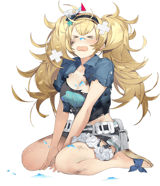 &gt;_&lt; 1girl akira_(kadokawa) bandages belt blonde_hair blue_eyes blue_shirt breast_pocket breasts buttons cleavage collarbone collared_shirt crying fish full_body gambier_bay_(kancolle) gambier_bay_(summer)_(kancolle) hair_between_eyes hairband kantai_collection large_breasts official_art open_mouth pocket sandals shirt short_sleeves shorts tears torn_clothes transparent_background twintails