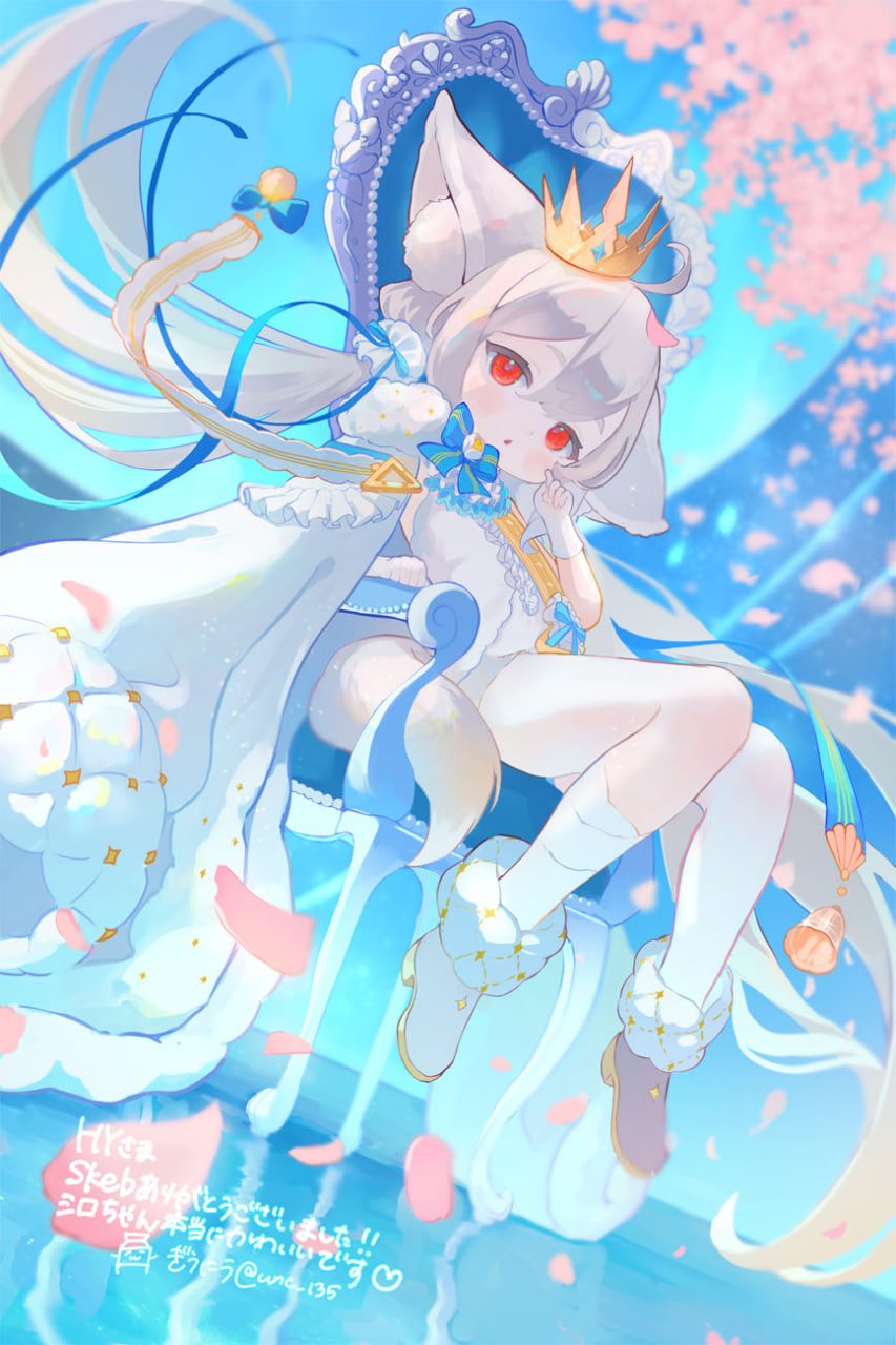 :o animal_ear_fluff animal_ears ascot asymmetrical_legwear blue_bow blue_moon blue_ribbon blue_sash boots bow bowtie brown_boots chair cherry_blossoms coat coat_on_shoulders commission crown floating_hair flower fox_ears fox_girl fox_tail frilled_vest frills full_body fur-trimmed_boots fur-trimmed_coat fur_trim giuniu_(unc_135) grey_hair hair_between_eyes hair_bow hair_ornament hair_ribbon hair_scrunchie head_tilt high_collar highres indoors large_ears large_tail long_hair looking_at_viewer low_twintails moon on_chair original parted_lips petals pink_petals red_eyes ribbon rose sakurada_shiro_(hy_plus) sakurada_shiro_(royal)_(hy_plus) sash scrunchie shoulder_sash signature single_bare_leg single_sock sitting skeb_commission socks tail thank_you thighhighs throne twintails uneven_legwear very_long_hair vest white_coat white_flower white_hair white_rose white_socks white_thighhighs white_unitard zettai_ryouiki