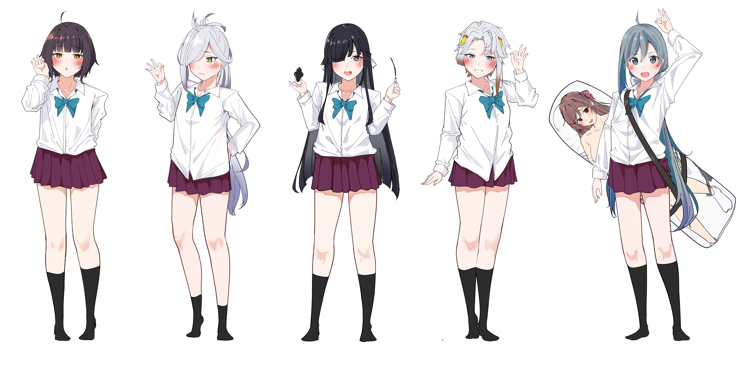 5girls adapted_costume ahoge akishimo_(kancolle) alternate_costume aqua_bow aqua_bowtie asashimo_(kancolle) asymmetrical_hair black_hair black_socks blunt_bangs bow bowtie brown_eyes brown_hair collared_shirt dakimakura_(object) gradient_hair green_eyes grey_eyes grey_hair hair_between_eyes hair_ornament hair_over_one_eye hair_ribbon hayashimo_(kancolle) highres kantai_collection kishinami_(kancolle) kiyoshimo_(kancolle) leaf_hair_ornament long_hair long_sleeves mamiya_(kancolle) miniskirt multicolored_hair multiple_girls open_mouth pillow pleated_skirt ponytail purple_skirt ribbon shirt short_hair skirt socks very_long_hair wavy_hair white_hair white_ribbon white_shirt yungel