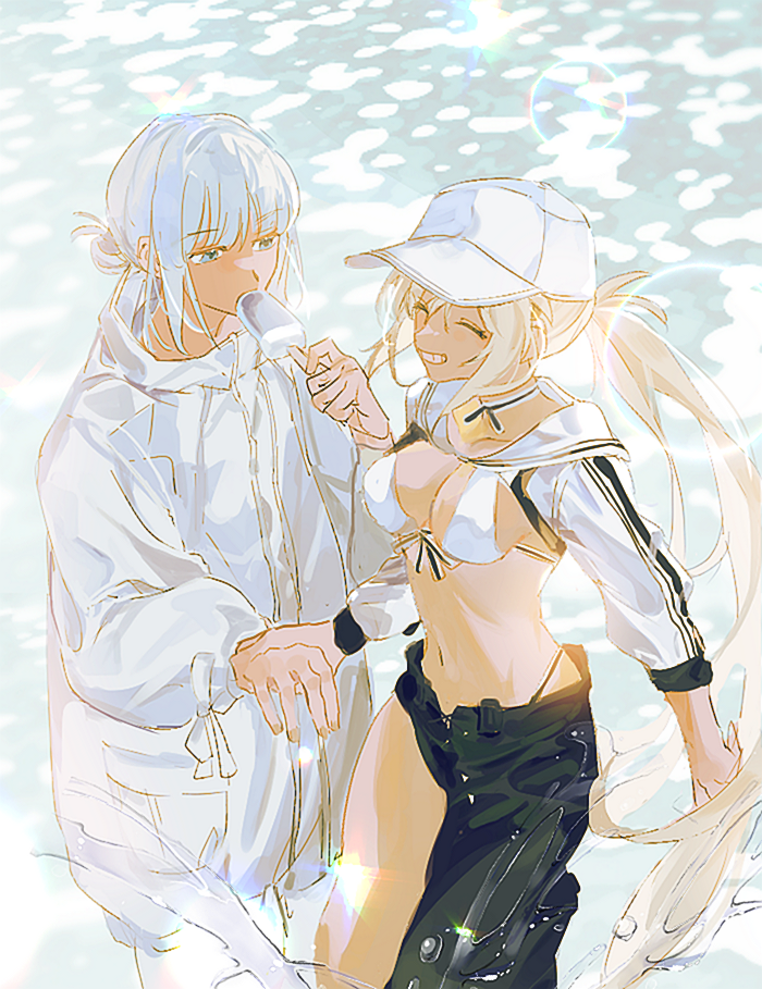 1boy 1girl artoria_caster_(fate) artoria_caster_(swimsuit_berserker)_(fate) artoria_caster_(swimsuit_berserker)_(first_ascension)_(fate) artoria_pendragon_(fate) blonde_hair blue_eyes closed_eyes fate/grand_order fate_(series) food hair_between_eyes hat ice_cream long_hair oberon_(fate) oberon_(refreshing_summer_prince)_(fate) short_hair smile ss_un17 white_hair