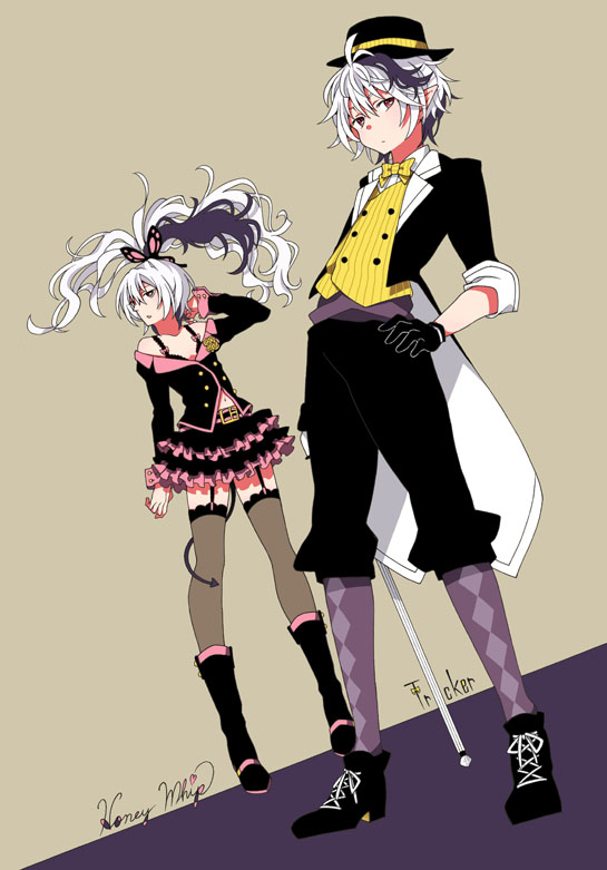 1girl 2girls argyle asaiasa0 black_gloves black_headwear black_jacket black_pants black_shirt black_skirt boots butterfly_hair_ornament cane commentary demon_tail dual_persona dutch_angle expressionless flower_(vocaloid) flower_(vocaloid3) flower_(vocaloid4) frilled_skirt frills full_body gloves hair_ornament hand_in_own_hair hand_on_own_hip hat holding holding_cane hatsune_miku_(honey_whip) jacket knee_boots kneehighs layered_skirt leaning_back long_hair multicolored_hair multiple_girls pants pointy_ears project_diva_(series) purple_eyes purple_hair purple_socks shirt short_hair skirt sleeves_rolled_up socks standing streaked_hair suspenders sweet_devil_(vocaloid) tail thighhighs kagamine_len_(tricker) vest vocaloid white_hair yellow_vest yumekui_shirokuro_baku_(vocaloid)