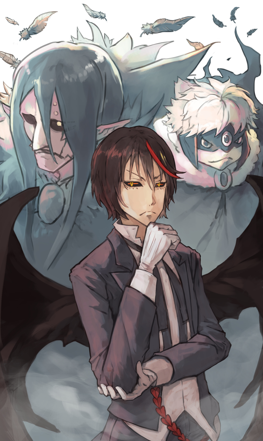 black_sclera black_wings character_request cloak coat colored_sclera diablo_(tensura) falling_feathers feathers frown gloves highres ico6 long_sleeves looking_at_viewer multicolored_hair red_hair sharp_teeth shirt short_hair streaked_hair teeth tensei_shitara_slime_datta_ken white_gloves white_shirt wings yellow_eyes