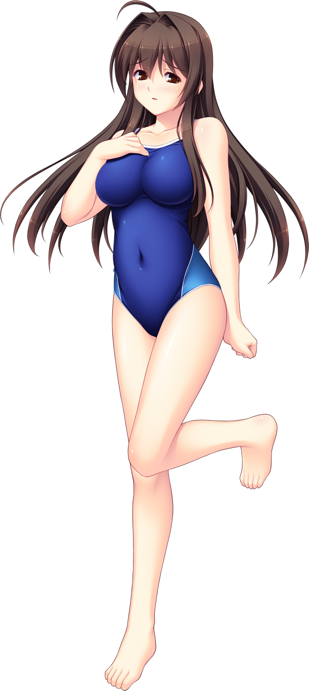 1girl ahoge barefoot blue_one-piece_swimsuit blush breasts brown_eyes brown_hair collarbone competition_school_swimsuit competition_swimsuit covered_navel full_body game_cg hair_intakes hand_on_own_chest highres large_breasts large_variant_set long_hair looking_at_viewer maishima_yuri nerawareta_megami_tenshi_angel_tear non-web_source official_art one-piece_swimsuit school_swimsuit solo standing standing_on_one_leg swimsuit transparent_background tsukumo_kazuita variant_set