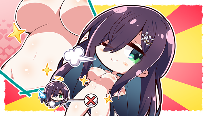 1girl akaneya amakano_2 blush_stickers chibi chibi_only closed_mouth completely_nude convenient_censoring green_eyes groin hair_ornament hair_over_one_eye halo himiyama_rei looking_at_viewer navel nipples nude official_art purple_hair smile solo standing stomach wings yellow_halo
