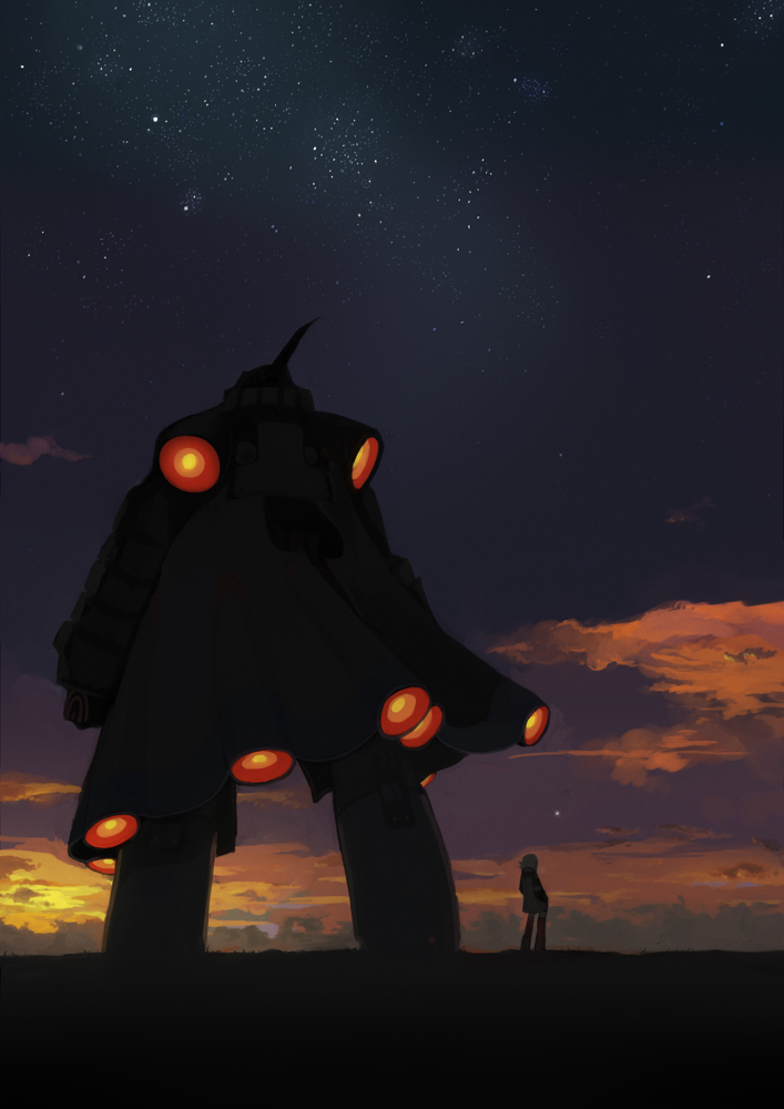 00s 1girl cloud dix-neuf female_focus from_behind lal&#039;c_mellk_mal mecha robot silhouette sky solo star_(symbol) sunset top_wo_nerae!_(series) top_wo_nerae_2! watsuru