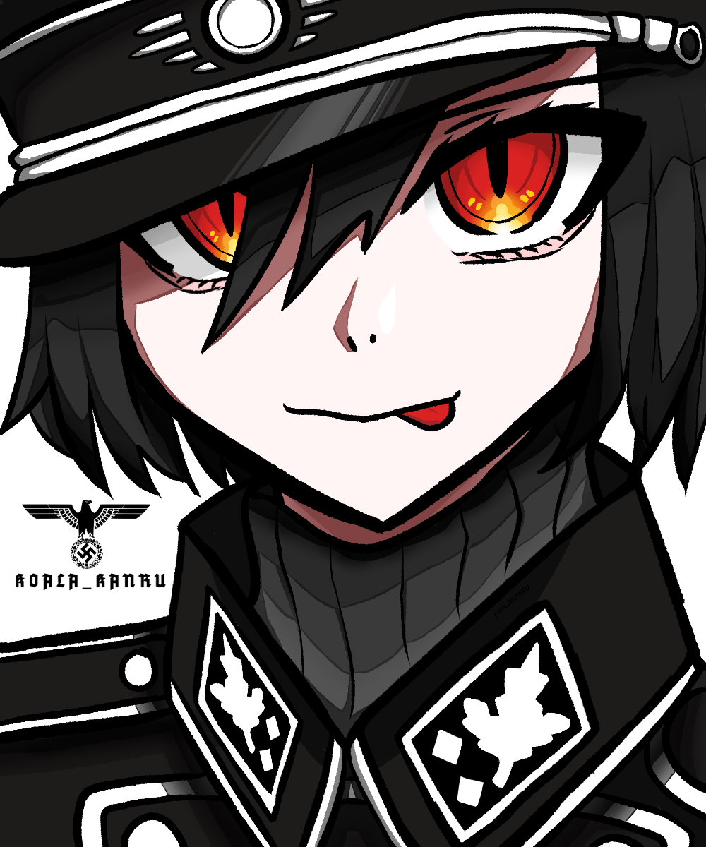 1girl :p black_hair black_hat black_jacket collar_tabs epaulettes germany grey_sweater hair_between_eyes hat highres jacket koalakanru military military_dress_uniform military_hat military_uniform nazi nazi_war_ensign non-web_source original peaked_cap red_eyes red_tongue reichsadler sidelocks slit_pupils solo ss_insignia ss_uniform sven_hoffmann swastika sweater tongue tongue_out waffen-ss white_background world_war_ii