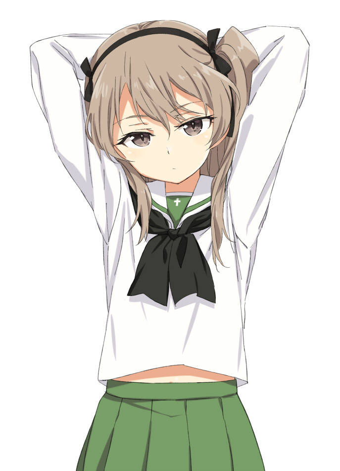1girl alternate_costume arms_behind_head arms_up black_neckerchief black_ribbon blouse brown_eyes commentary female_focus girls_und_panzer hair_ribbon light_brown_hair long_hair long_sleeves looking_at_viewer neckerchief one_side_up ooarai_school_uniform pleated_skirt ribbon school_uniform serafuku shikou_sakugo_(qqap9gt9k) shimada_arisu shirt simple_background skirt solo standing white_background white_shirt