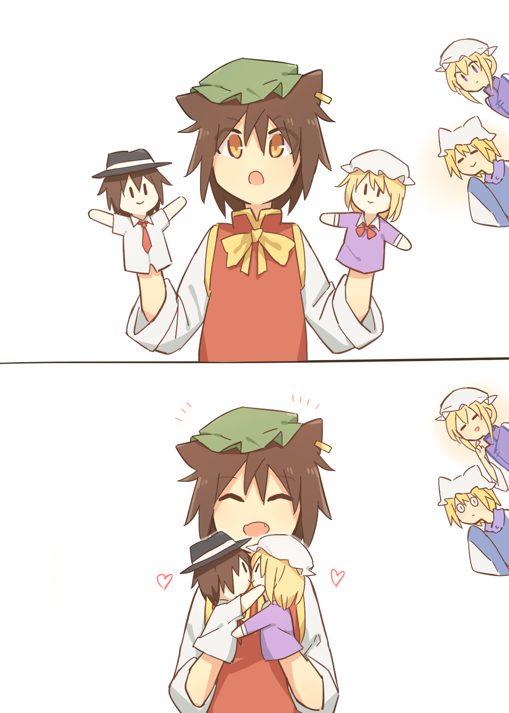 2koma 3girls :&gt; animal_ears animal_hat bad_id bad_pixiv_id blonde_hair brown_eyes brown_hair cat_ears character_doll chen closed_eyes comic doll earrings green_hat hand_puppet hat heart highres jewelry kiss long_sleeves maribel_hearn mob_cap multiple_girls open_mouth puppet purple_eyes shipping_(fandom) short_hair silent_comic single_earring solo_focus touhou upper_body usami_renko white_background wide_sleeves xinhao yakumo_ran yakumo_yukari yuri