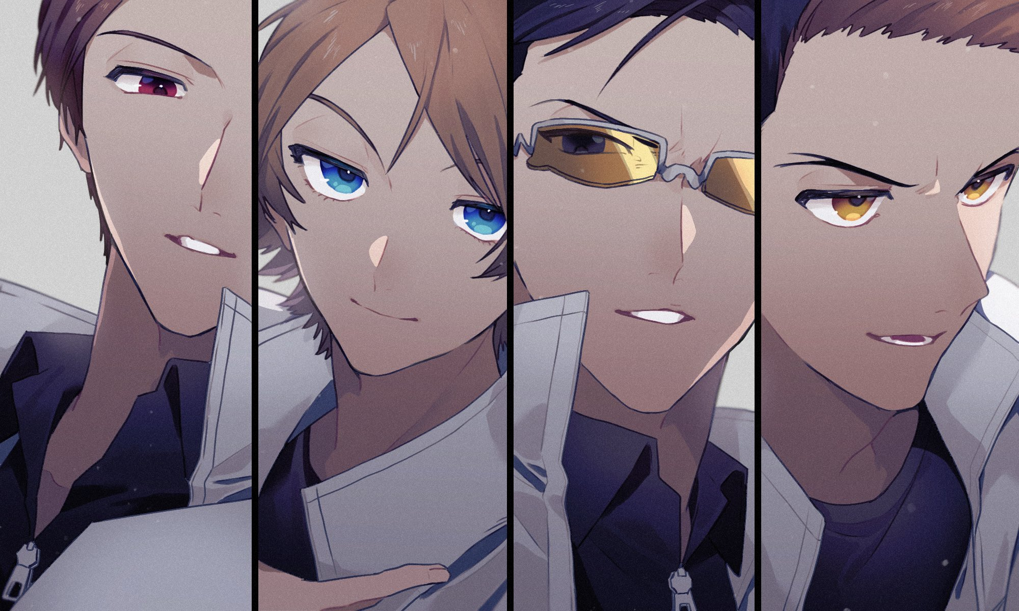 2_0_hatsu 4boys black_eyes black_hair black_shirt blue_eyes brown_hair collared_shirt column_lineup glasses grey_background grin highres jacket kanda_tadaomi kurauchi_kazuki looking_at_viewer looking_away male_focus multiple_boys opaque_glasses ouji_kazuaki parted_lips portrait red_eyes shirt short_hair smile t-shirt tinted_eyewear uniform white-framed_eyewear white_jacket world_trigger yellow-tinted_eyewear yellow_eyes yuba_takuma zipper_pull_tab