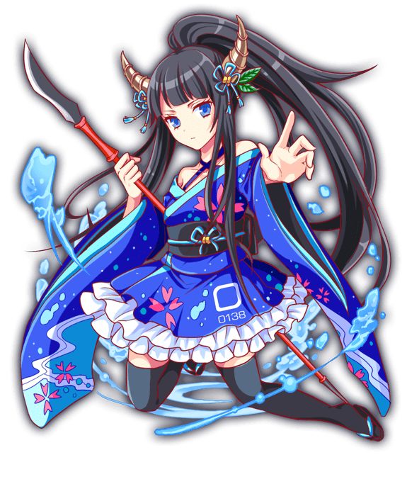 1girl anime_coloring aqua_ribbon artist_request bare_shoulders black_footwear black_hair black_sash black_thighhighs blue_eyes blue_kimono blue_theme blunt_bangs bow collarbone crash_fever criss-cross_halter criss-cross_straps dot_nose expressionless eyelashes floral_print floral_print_bow floral_print_kimono floral_print_sleeves flower_knot frilled_kimono frills frown full_body furisode_sleeves game_cg hair_bow hair_ornament hair_ribbon half_updo halterneck high_ponytail holding holding_polearm holding_weapon horns japanese_clothes kimono kimono_dress kneeling leaf leaf_hair_ornament long_hair long_sidelocks number_print numbered obi obijime official_art outline outstretched_arm polearm ponytail print_bow print_kimono print_sleeves red_outline ribbon sash sidelocks solo spear square square_print tabi tachi-e thighhighs third-party_source tomoe_(crash_fever) transparent_background very_long_hair very_long_sidelocks water_drop water_drop_print weapon wide_sleeves yari yellow_horns