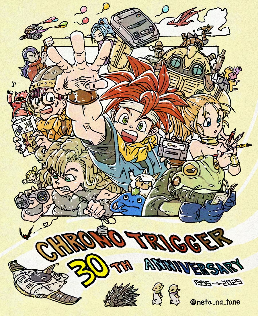 4boys 4girls aqua_tunic ayla_(chrono_trigger) balloon blonde_hair blue_eyes cavewoman chrono_trigger clenched_teeth crono_(chrono_trigger) cross-shaped_pupils curly_hair dragon dress earrings epoch frog_(chrono_trigger) frog_boy glasses gold_choker grey_fur headband helmet jewelry kino_(chrono_trigger) long_hair lucca_ashtear magus_(chrono_trigger) marle_(chrono_trigger) monster multiple_boys multiple_girls neckerchief neta_na_tane open_mouth orange_neckerchief parted_lips pointy_ears ponytail purple_dress purple_hair red_hair robo_(chrono_trigger) robot schala_zeal short_hair slit_pupils smile spiked_hair sweatdrop symbol-shaped_pupils teeth tunic twitter_username wavy_mouth white_headband yellow_background yellow_neckerchief