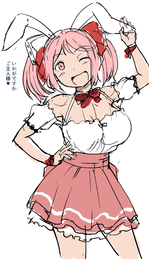 1girl animal_ears bow bowtie breasts contrapposto cosplay di_gi_charat dice_hair_ornament hair_bobbles hair_ornament hand_on_own_hip kantai_collection large_breasts looking_at_viewer mimofu_(fullhighkick) pink_eyes pink_hair pink_skirt rabbit_ears red_bow red_bowtie sazanami_(kancolle) shirt short_hair skirt smile solo translation_request twintails unfinished usada_hikaru usada_hikaru_(cosplay) white_shirt